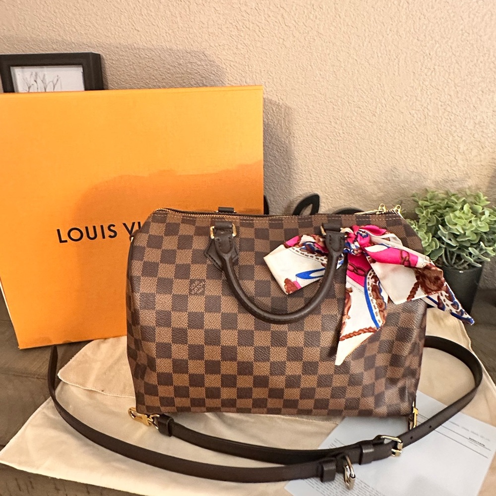 Louis Vuitton Brown Damier Ebene Speedy Bandoulière with Pink Accent Scarf